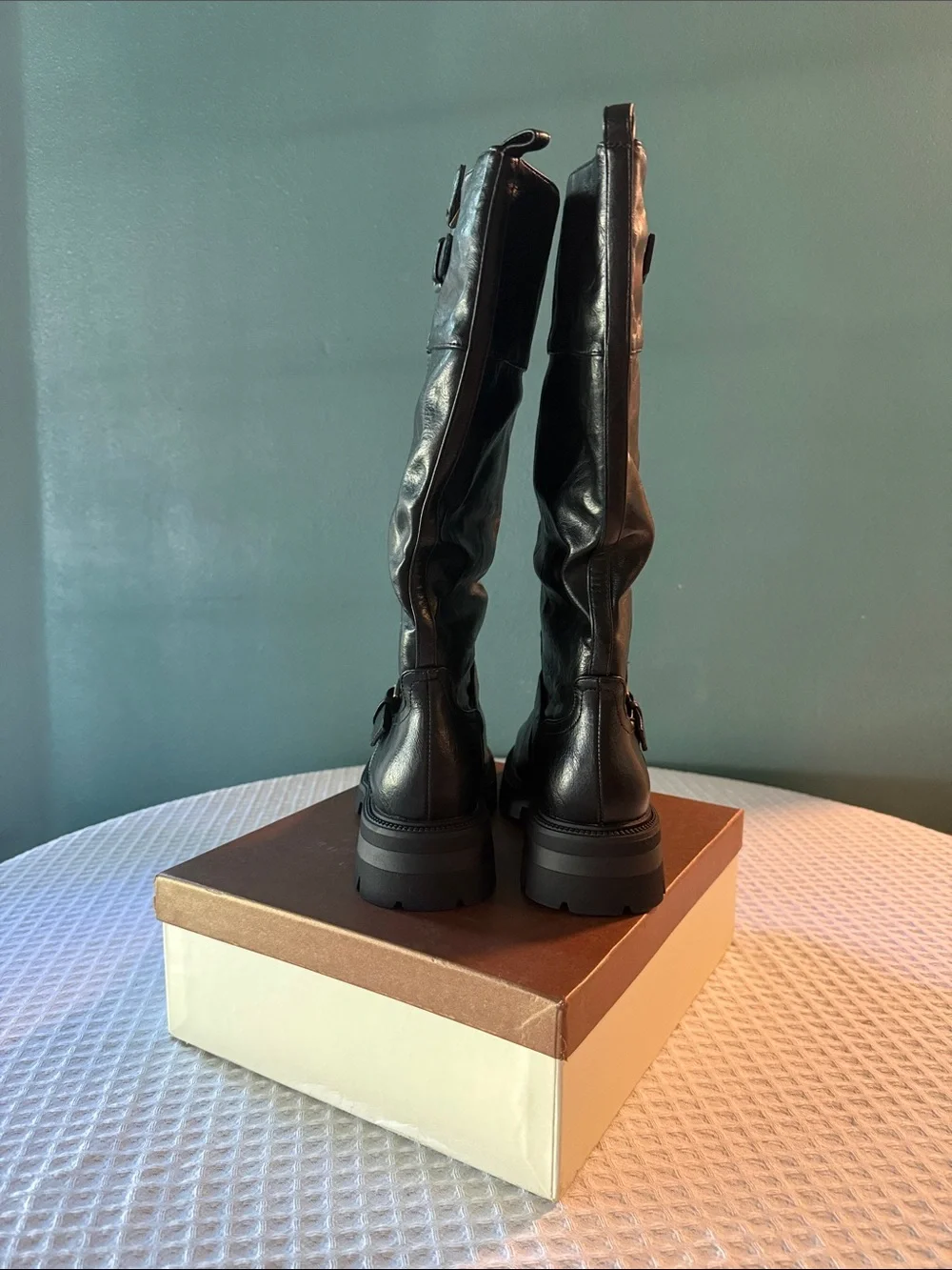 Black Leather Over-the-Knee Lug-Sole Boots